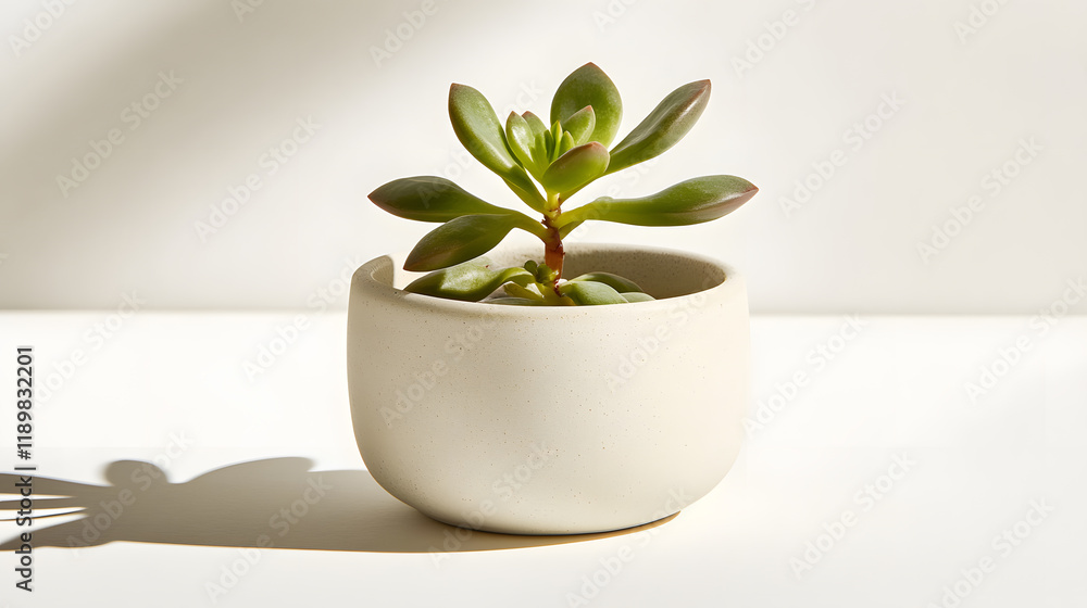 Fototapeta premium A small succulent plant in a minimalist off-white ceramic pot. The plant is vibrant green with reddish accents. The pot sits on a bright white surface.