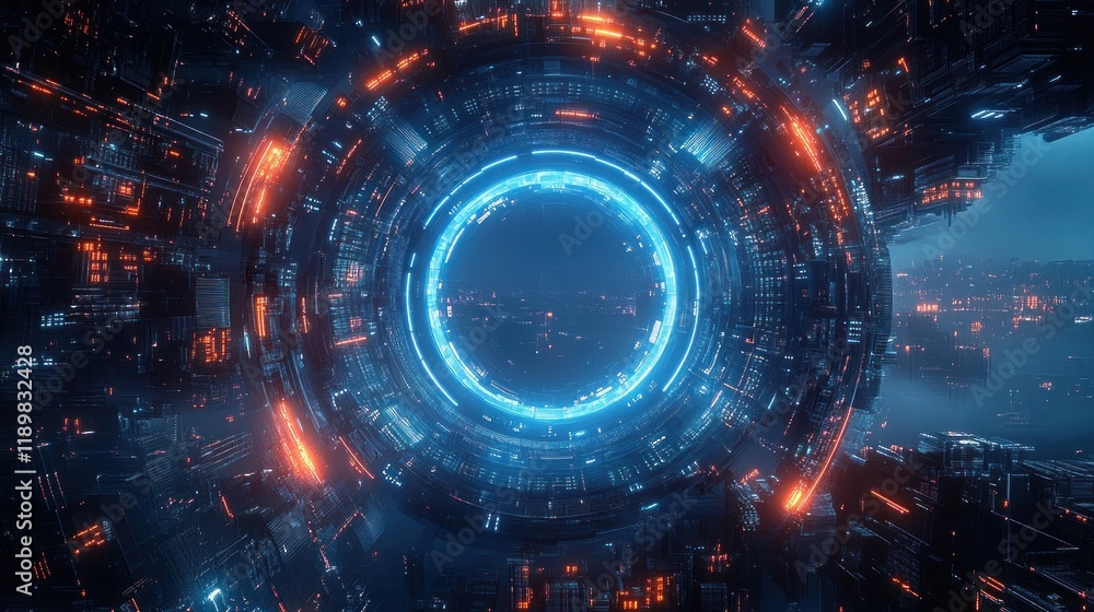 Fototapeta premium Futuristic Cyberpunk Cityscape with Glowing Portal and Neon Circuit Patterns
