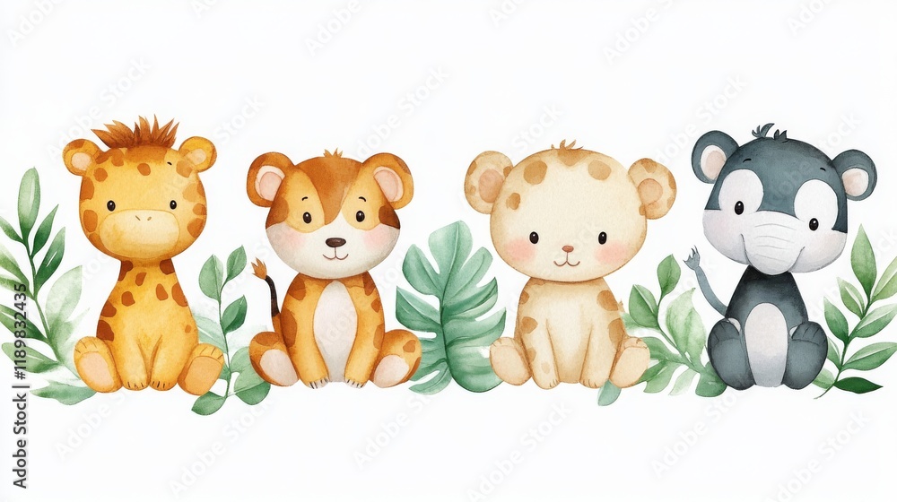 Collection of cute wild animals. illustration in flat cartoon style Collection of cute wild animals. illustration in flat cartoon style