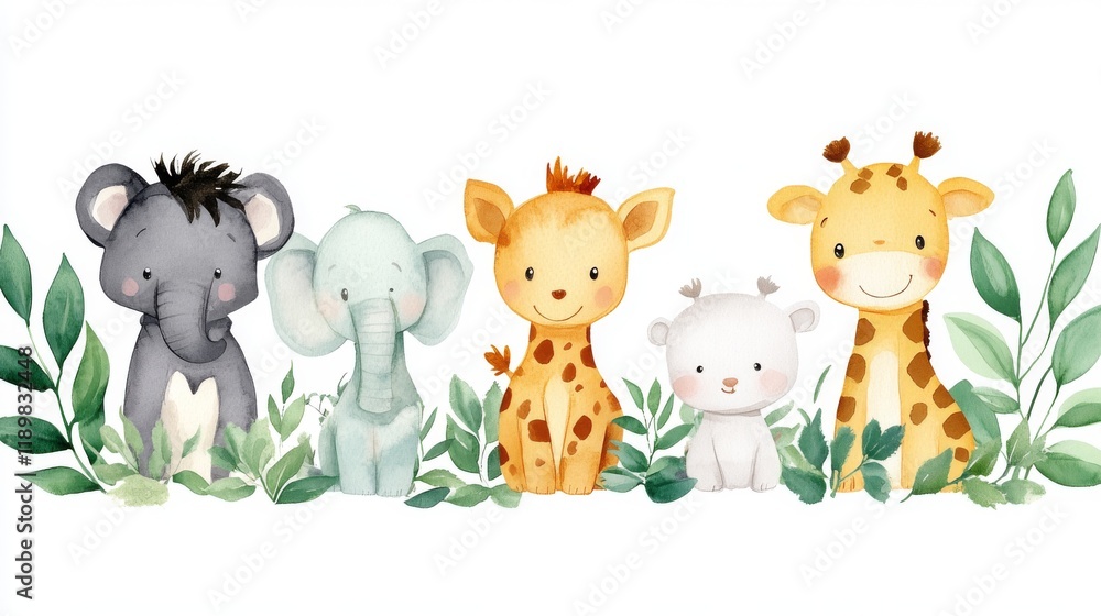 Naklejka premium Collection of cute wild animals. illustration in flat cartoon style