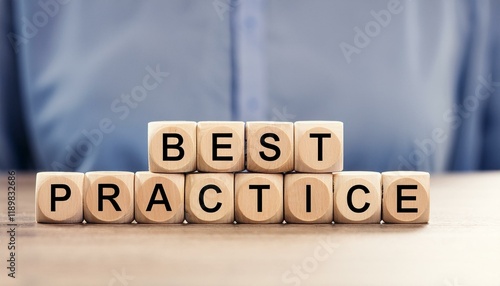 英単語のbest practiceの文字が書かれた木製のキューブブロックが横に並んでいる。aiで生成
