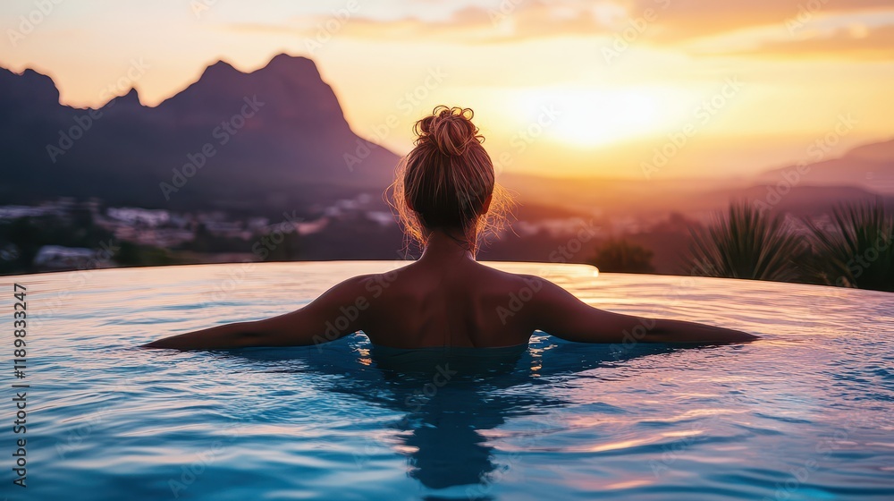 A woman enjoys a serene bath in a pool with a stunning mountain backdrop at sunset, creating a tranquil and picturesque scene. A woman enjoys a serene bath in a pool with a stunning mountain backdrop at sunset, creating a tranquil and picturesque scene.