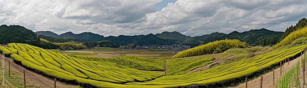 Fototapeta premium Hillside tea plantation, rural Japan. Cloudy sky, village background. Postcard/tourism use