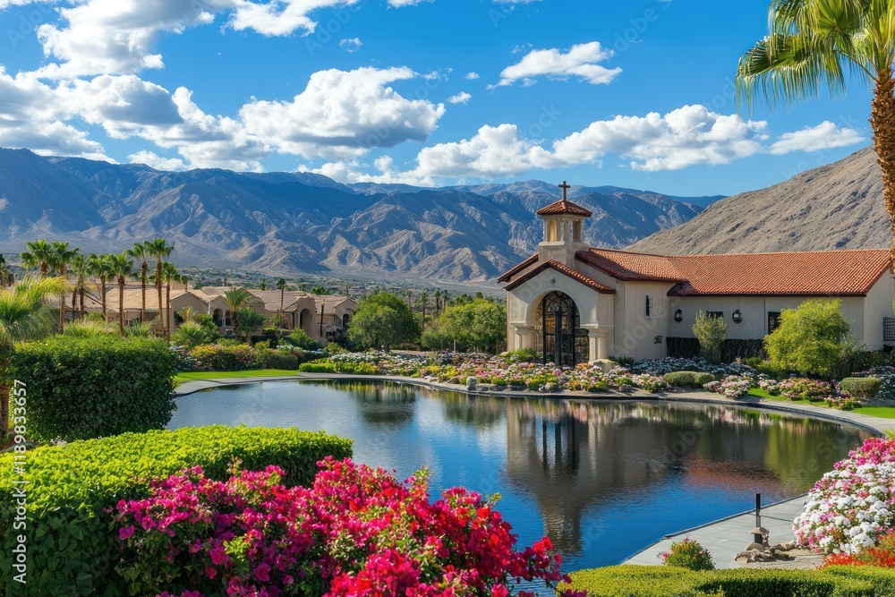 Naklejka premium Desert chapel, mountain view, peaceful pond, blooming flowers