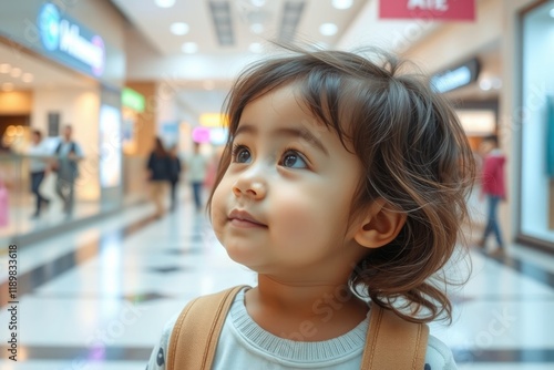 A young child with curly hair gazes in wonder as they explore a shopping mall. The cheerful atmosphere and various shops create a sense of excitement