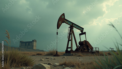 Rusty Oil Pump in a Desolate Landscape photo