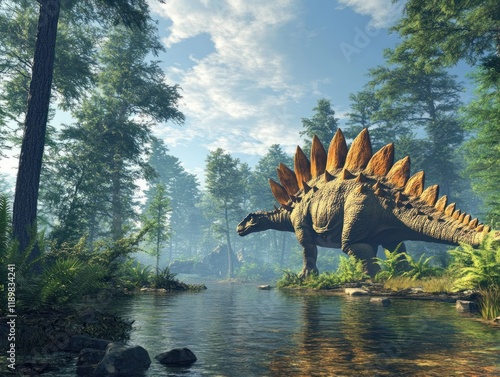 Stegosaurus by river, prehistoric forest, sunny morning, educational illustration