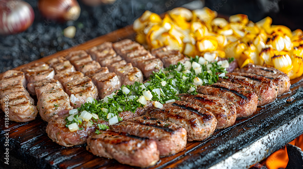 Close-up of grilled meat skewers and roasted onions on a wooden board. Juicy, flavorful, and perfectly cooked, this image is perfect for food blogs and restaurants. Close-up of grilled meat skewers and roasted onions on a wooden board. Juicy, flavorful, and perfectly cooked, this image is perfect for food blogs and restaurants.