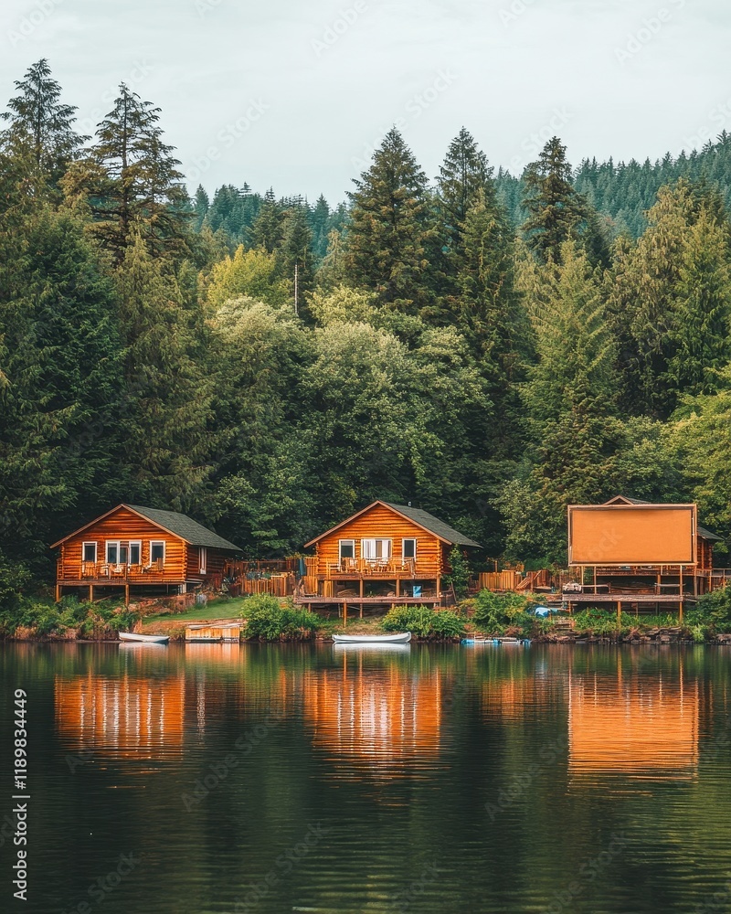 Fototapeta premium Tranquil Lakeside Cabins Nestled in Evergreen Forest