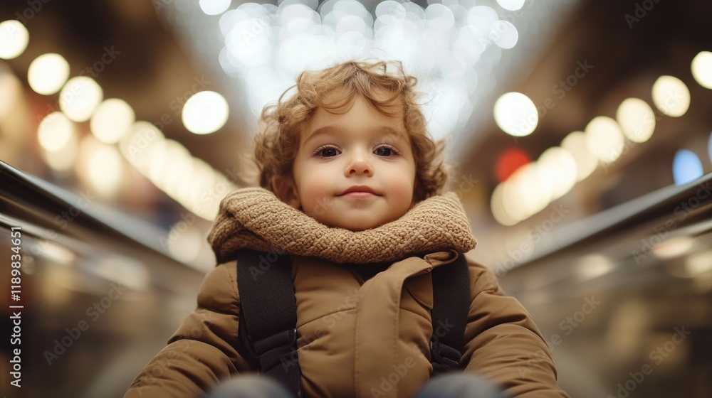 A cheerful child with curly hair sits on an escalator, wearing a cozy jacket and scarf. The lights of the busy shopping mall create a festive atmosphere around them A cheerful child with curly hair sits on an escalator, wearing a cozy jacket and scarf. The lights of the busy shopping mall create a festive atmosphere around them