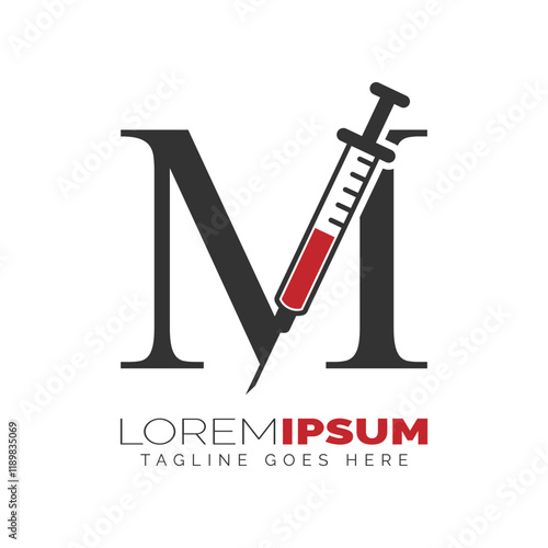 Letter M Injection Logo Design. Alphabet M Syringe icon illustration