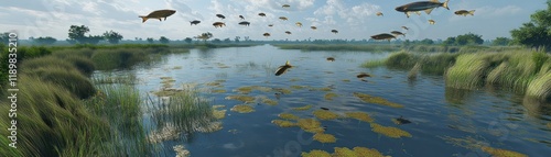 Fish Leaping Over Serene Wetlands Surrounded by Lush Greenery and Partly Cloudy Sky photo