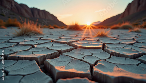 Cracked Earth at Sunset: Arid Landscape photo