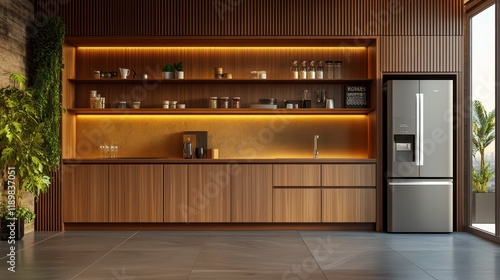 A wooden home kitchen interior featuring a cooking cabinet and a bar island, complemented by a mockup wall for design flexibility. photo