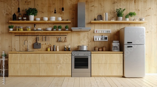 A wooden home kitchen interior featuring a cooking cabinet and a bar island, complemented by a mockup wall for design flexibility. photo