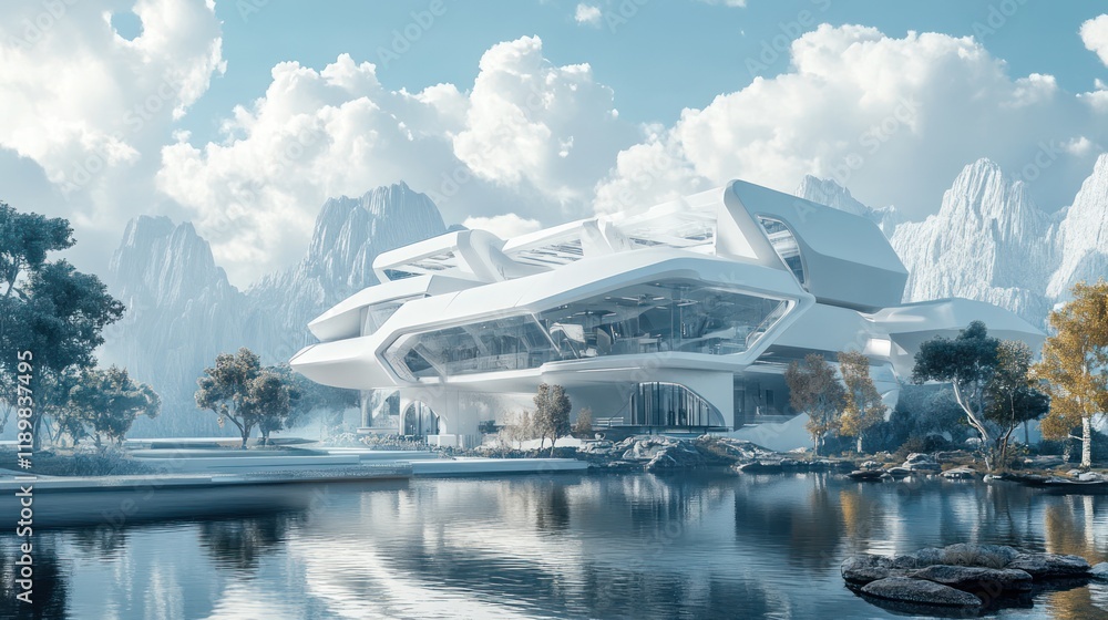 Fototapeta premium 3D rendering of a modern white building with a parking lot.
