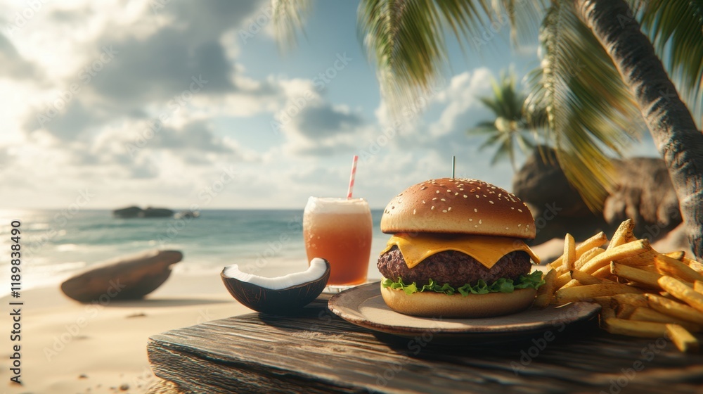 Obraz premium A juicy spicy cheeseburger served on a plate with a side of fries and a coconut drink on a sunny beach.
