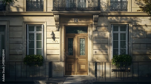 Parisian Building Entrance Sunlit Stone Facade photo