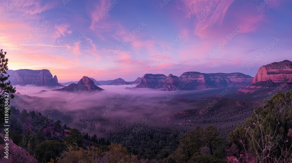 Obraz premium A stunning panoramic view of a misty valley at sunrise, showcasing vibrant colors and majestic rock formations.
