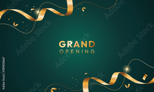 Dark green grand opening background with ribbon. Modern elegant promotional design.