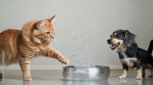 A mischievous cat knocking over a water bowl while a playful dog tries to catch the splash.