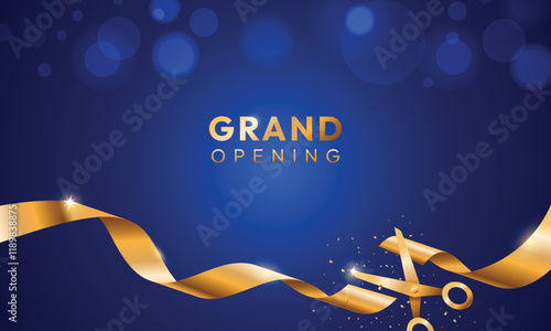 Blue grand opening background with ribbon cutting and bokeh. Modern elegant promotional design.