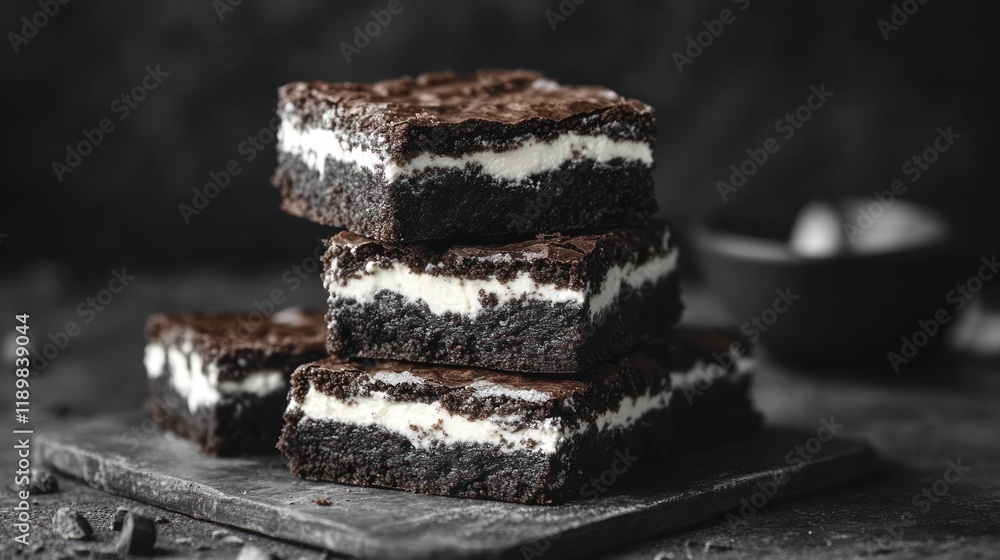 Delicious dark chocolate cake slices stacked in a tempting arrangement on a moody black studio background Rich creamy frosting and a decadent Delicious dark chocolate cake slices stacked in a tempting arrangement on a moody black studio background Rich creamy frosting and a decadent