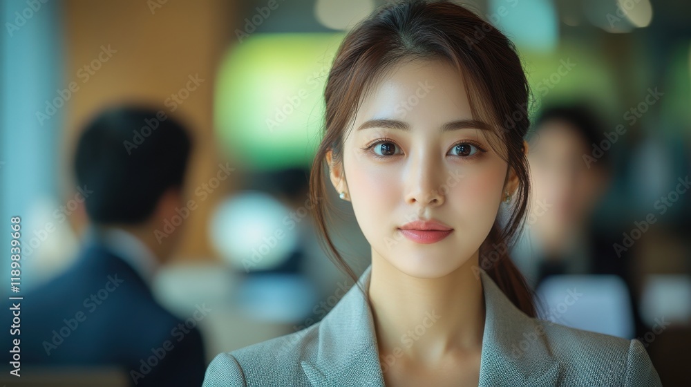 A woman with a business suit and a ponytail is standing in front of a window. Generative AI A woman with a business suit and a ponytail is standing in front of a window. Generative AI