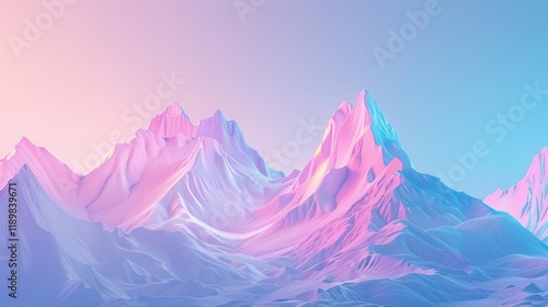 A stylized mountain landscape with pastel colors, evoking a serene and dreamy atmosphere.