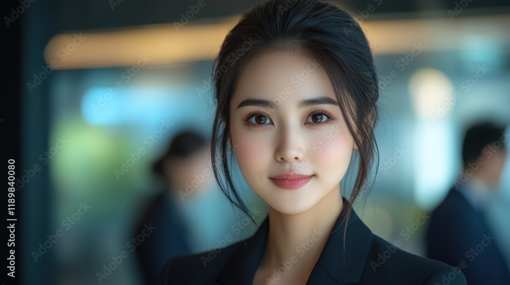 A woman with a black dress and a black hair is smiling. Generative AI A woman with a black dress and a black hair is smiling. Generative AI
