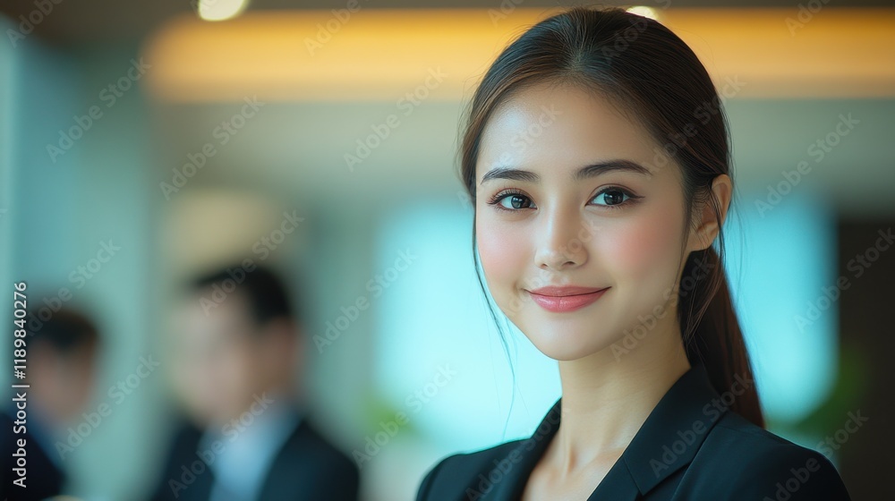 Fototapeta premium A woman with a smile on her face is standing in front of a wall. Generative AI