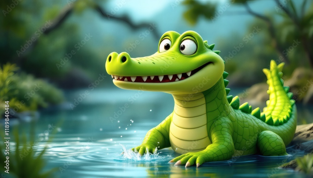 Fototapeta premium Adorable Cartoon Crocodile Playing in a Tropical River