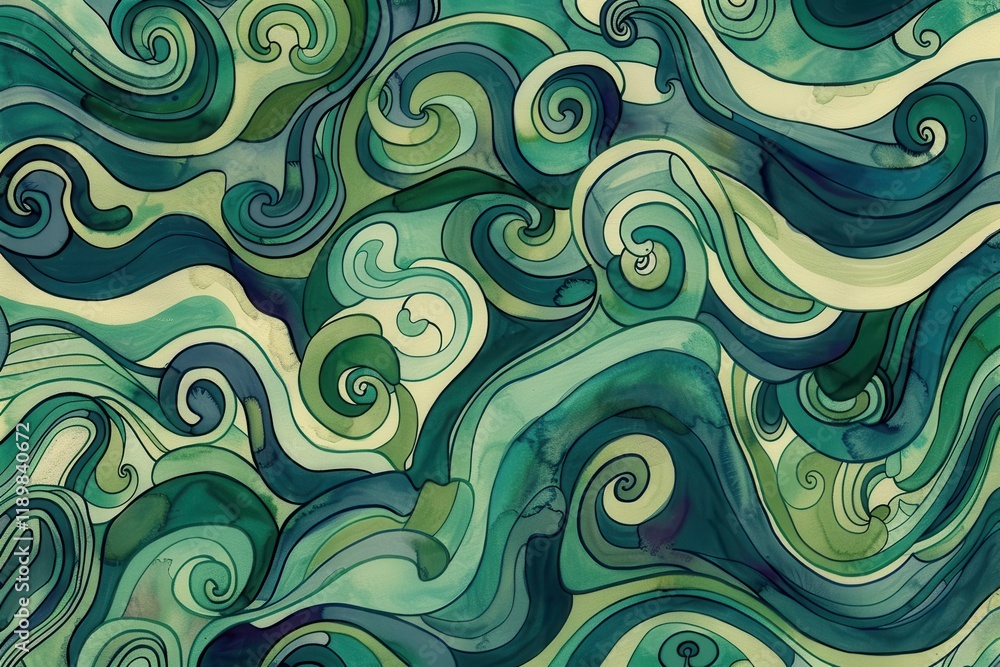 Fototapeta premium A swirling abstract pattern in shades of green, resembling waves or flowing water.