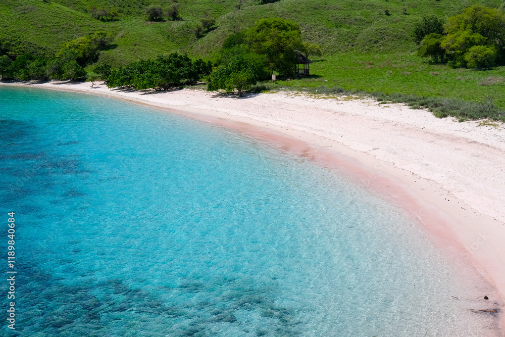 Pink Beach in the summer, famous for its unique pink sand and clear water, surrounded by breathtaking landscapes and vibrant marine life, Komodo National Park, Indonesia