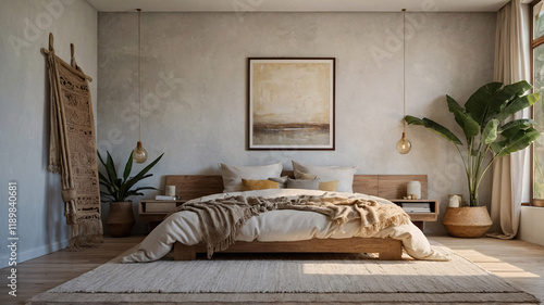 Bohemian inspired bedroom featuring a cozy wooden bed frame bamboo woven furniture and potted green plants all complemented by a neutral beige decor theme Bohemian Interior Design Inspiration photo