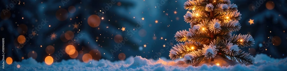 Fototapeta premium Glowing Christmas tree against a backdrop of falling snowflakes, shimmering light, festive atmosphere