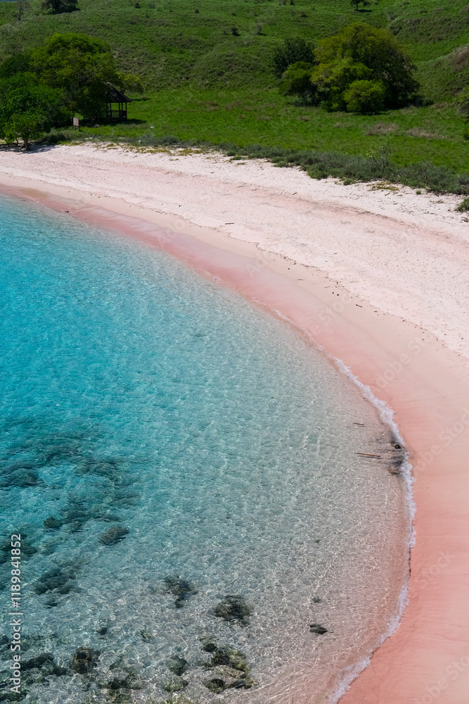 Pink Beach in the summer, famous for its unique pink sand and clear water, surrounded by breathtaking landscapes and vibrant marine life, Komodo National Park, Indonesia