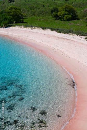 Obraz na płótnie Pink Beach in the summer, famous for its unique pink sand and clear water, surrounded by breathtaking landscapes and vibrant marine life, Komodo National Park, Indonesia w salonie