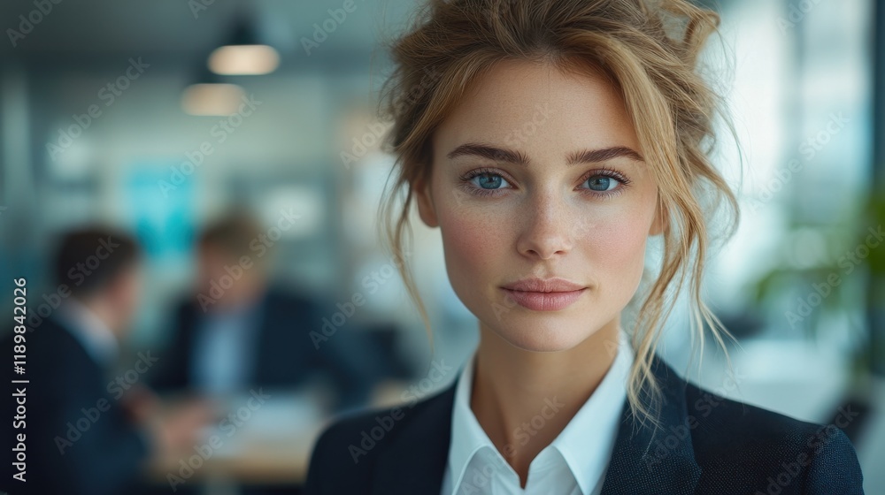 A woman with a business suit and a blue shirt is standing in front of a window. Generative AI A woman with a business suit and a blue shirt is standing in front of a window. Generative AI