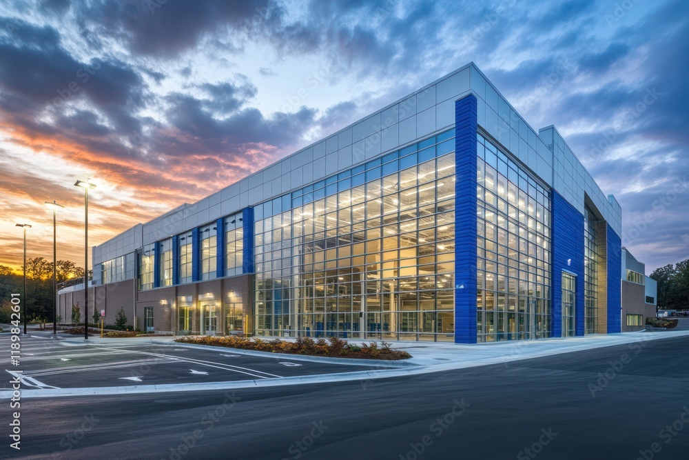 A large modern warehouse with blue and white exterior walls, glass windows on the front wall, industrial lighting in one corner of the building A large modern warehouse with blue and white exterior walls, glass windows on the front wall, industrial lighting in one corner of the building