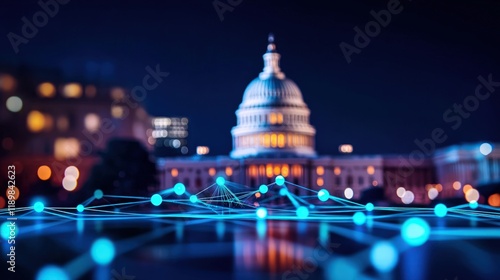 US Capitol Building at Night with Futuristic Network Overlay