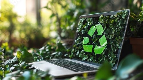 A laptop is covered in green leaves and has a recycling symbol on it. Generative AI