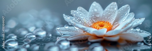 A captivating close-up of a delicate flower with petals adorned in sparkling dew drops, radiating a sense of freshness and tranquility in a serene natural setting