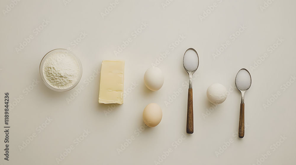 Overhead shot of baking ingredients: flour, butter, eggs, and sugar. Simple, clean aesthetic, perfect for recipe blogs or culinary websites. Overhead shot of baking ingredients: flour, butter, eggs, and sugar. Simple, clean aesthetic, perfect for recipe blogs or culinary websites.