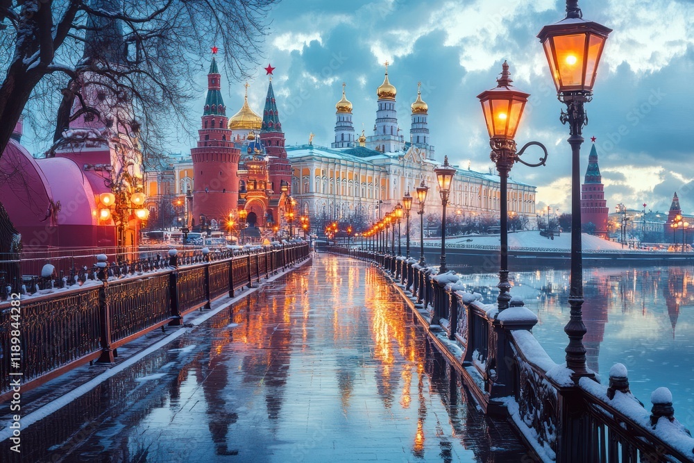 Fototapeta premium Moscow Kremlin winter twilight, reflection, snowy walkway