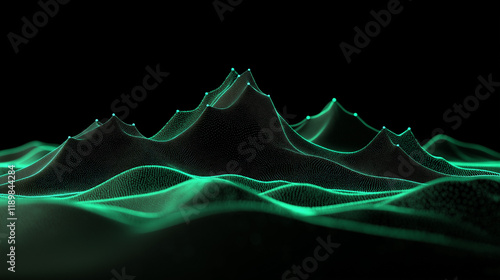 Emerald Hillscapes: A mesmerizing digital landscape unfolds, ethereal green hills rise majestically against a stark black background, glowing with an otherworldly luminescence. photo