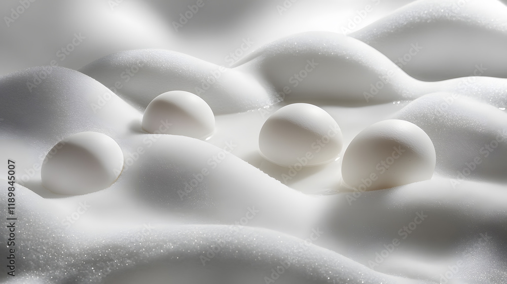 Obraz premium Four white eggs rest gently on a textured, creamy white surface resembling whipped cream or foam. The soft lighting and monochromatic palette create a serene, minimalist aesthetic.