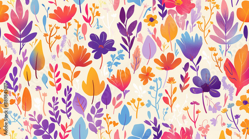 Wallpaper Mural The image features a vibrant and colorful pattern of flowers and leaves, with a mix of warm and cool colors Torontodigital.ca