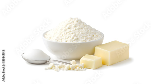 A bowl of flour, two pats of butter, and a spoon of salt are arranged on a white background. Ingredients for baking. photo