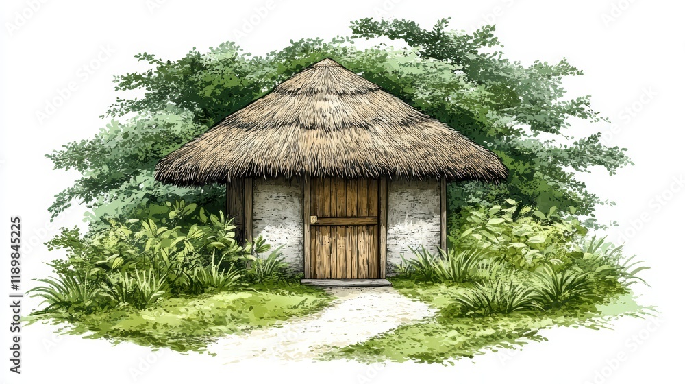 Traditional Straw Thatched Hut Surrounded by Lush Greenery Set Amidst a Vibrant Forest, Showcasing Rustic Architecture and Nature's Serenity in This Idyllic Landscape Setting Traditional Straw Thatched Hut Surrounded by Lush Greenery Set Amidst a Vibrant Forest, Showcasing Rustic Architecture and Nature's Serenity in This Idyllic Landscape Setting